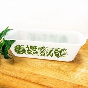 1960’s VTG Glasbake J522 1.5 Quart Milk Glass Loaf Pan Green Herb Pattern